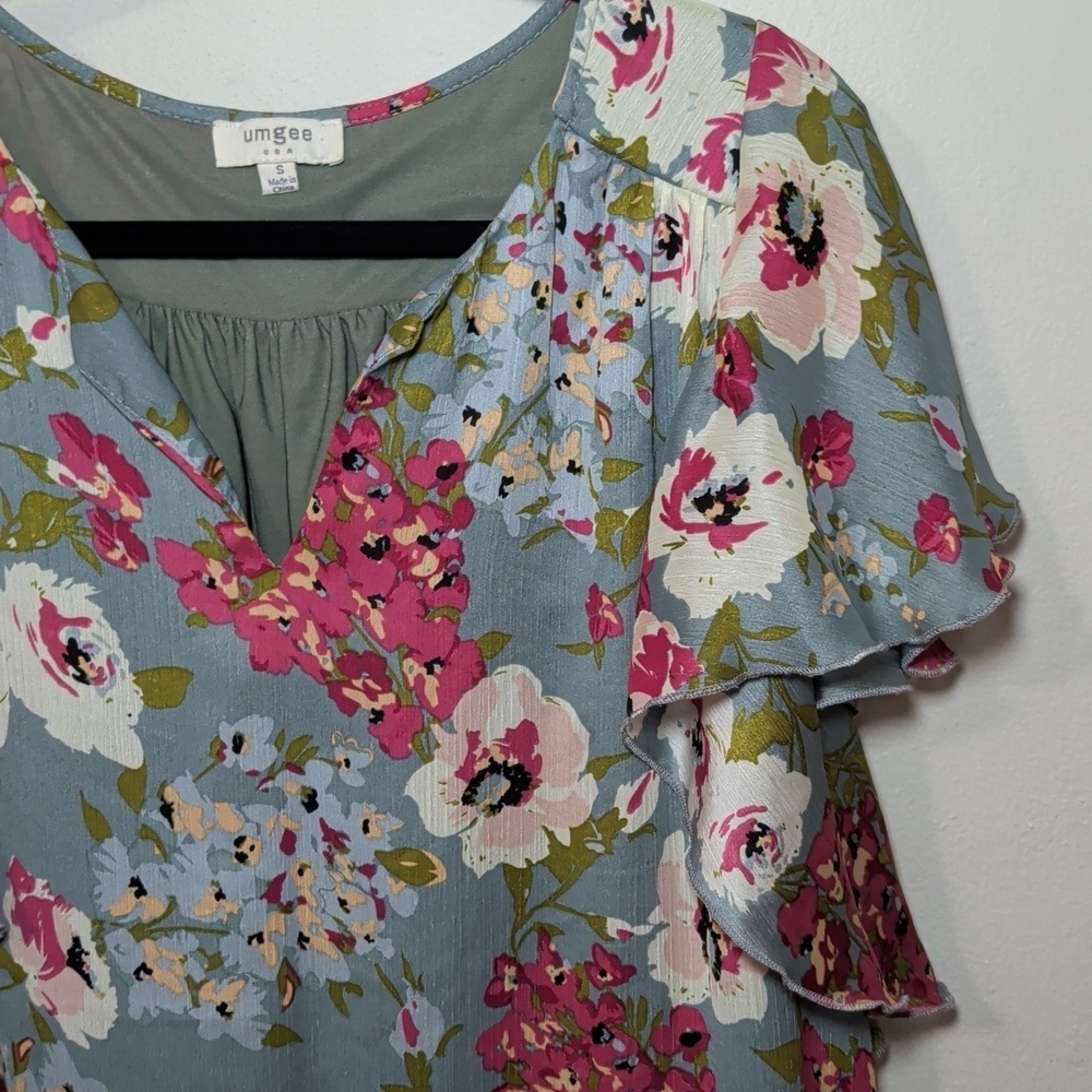 Umgee Floral Flutter Sleeve Mini Dress Blue Pink White Green Boho Women's Size S - Picture 4 of 6